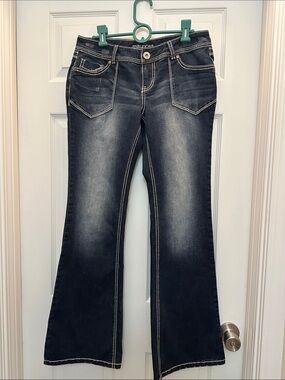Maurices Women's Faded Black Flare Jeans with Contrast Stitching